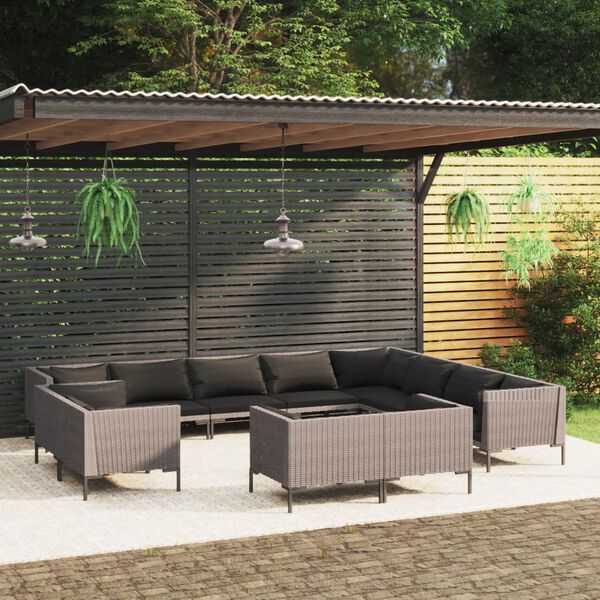 vidaXL Salon de jardin 12 pcs avec coussins R&eacute;sine tress&eacute;e Gris fonc&eacute;
