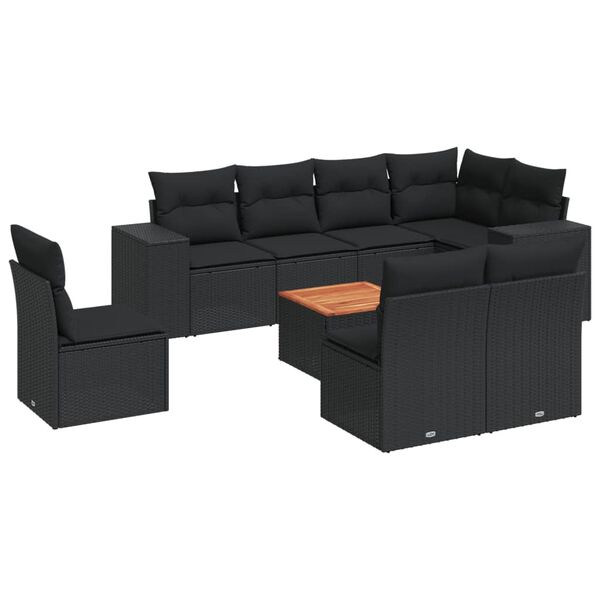 vidaXL Salon de jardin 9 pcs avec coussins noir résine tressée