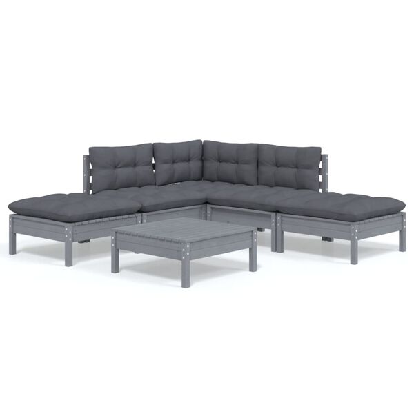 vidaXL Salon de jardin 6 pcs avec coussins gris bois de pin