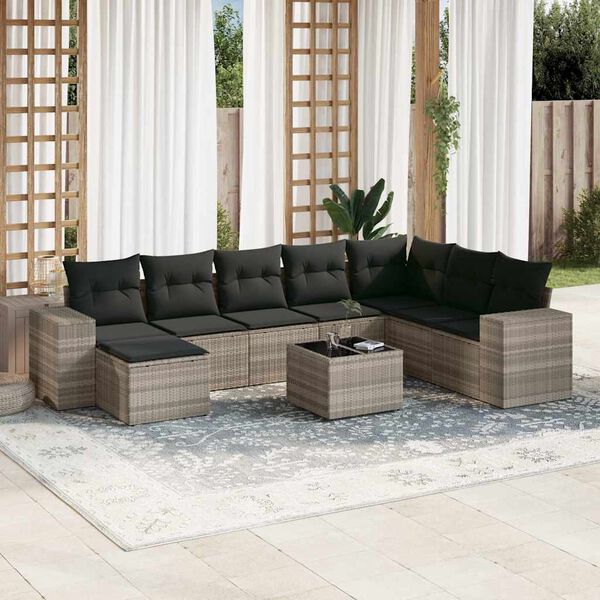 vidaXL Salon de jardin 9 pcs avec coussins gris clair r&eacute;sine tress&eacute;e