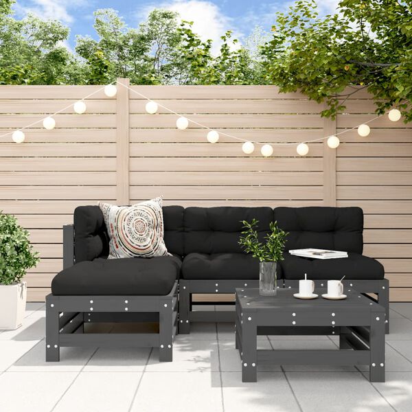 vidaXL Salon de jardin 5 pcs avec coussins gris bois massif