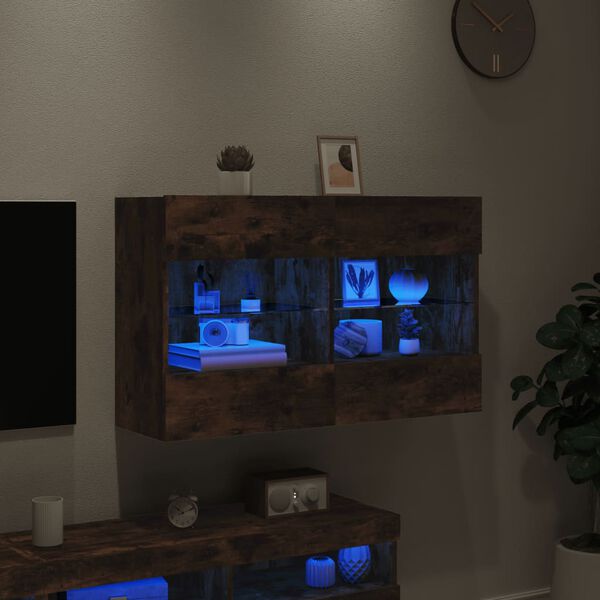 vidaXL Meuble TV mural avec lumi&egrave;res LED ch&ecirc;ne fum&eacute; 98,5x30x60,5 cm