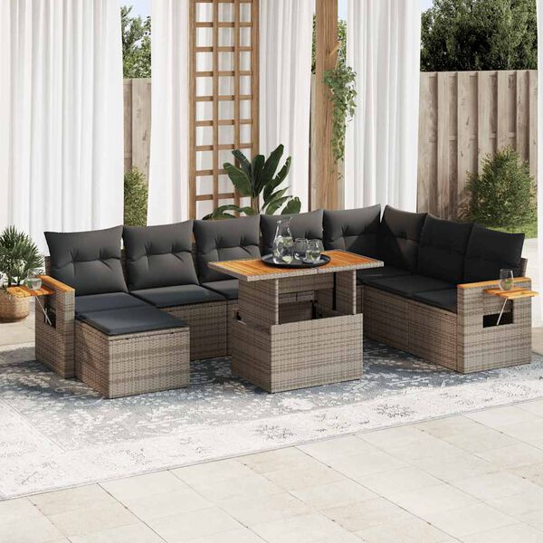 vidaXL Salon de jardin avec coussins 9 pcs gris r&eacute;sine tress&eacute;e acacia