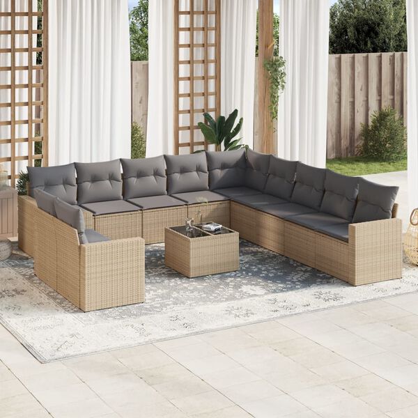 vidaXL Salon de jardin avec coussins 12 pcs beige r&eacute;sine tress&eacute;e