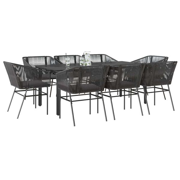 vidaXL Ensemble &agrave; manger de jardin coussins 9pcs noir poly rotin verre