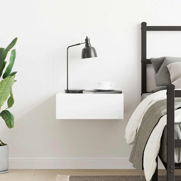vidaXL Table de chevet flottante Blanc brillant Bois d'ing&eacute;nierie