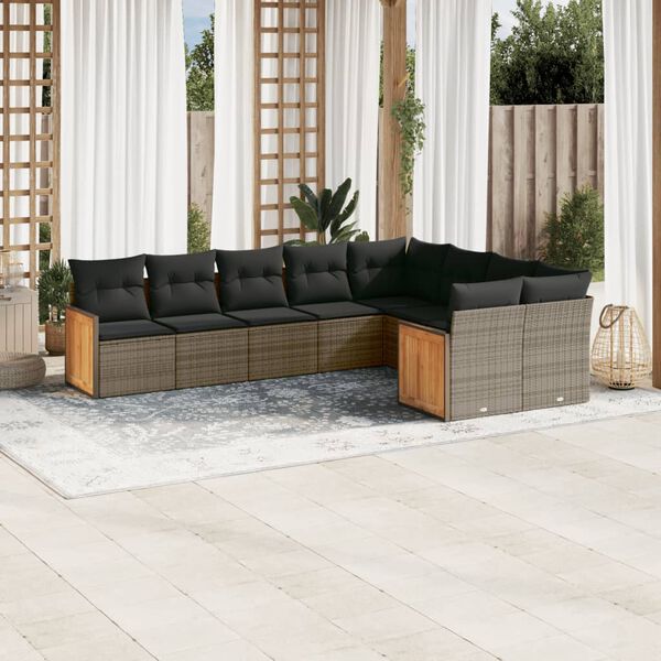 vidaXL Salon de jardin 9 pcs avec coussins gris r&eacute;sine tress&eacute;e