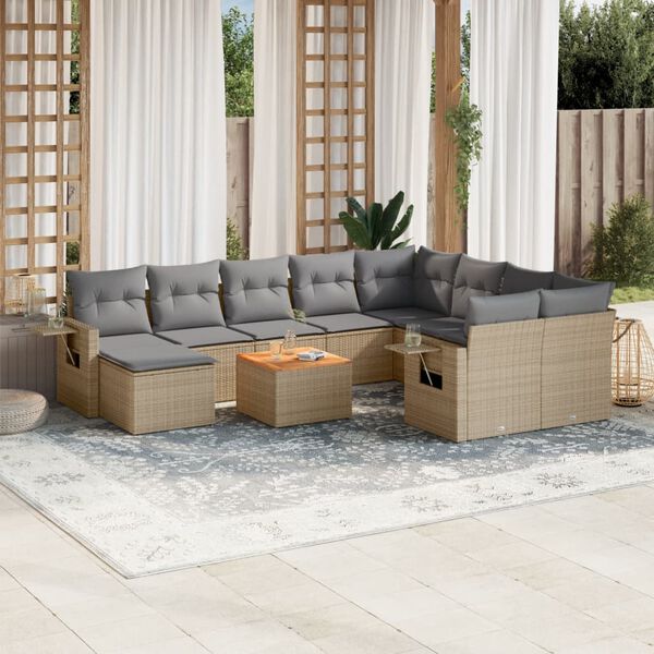 vidaXL Salon de jardin 11 pcs avec coussins beige r&eacute;sine tress&eacute;e