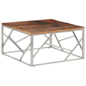 vidaXL Table basse argent&eacute; inox et bois de m&eacute;l&egrave;ze massif