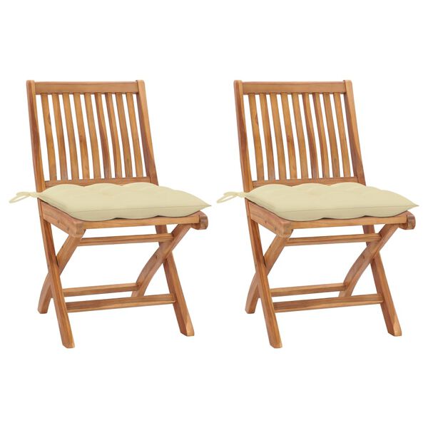 vidaXL Chaises de jardin lot de 2 et coussins blanc cr&egrave;me Teck massif
