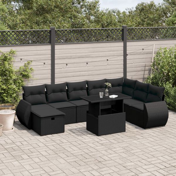 vidaXL Salon de jardin 9 pcs avec coussins noir r&eacute;sine tress&eacute;e