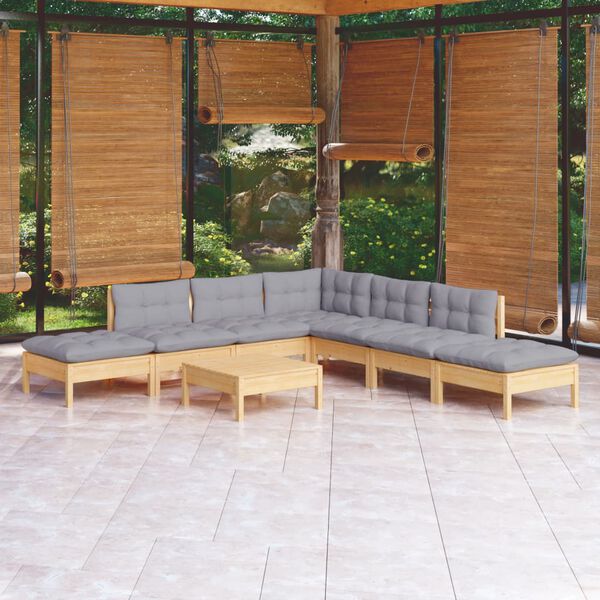 vidaXL Salon de jardin 8 pcs avec coussins gris Bois de pin