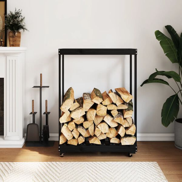 vidaXL Porte-b&ucirc;ches avec roulettes noir 76,5x40x108 cm bois massif pin
