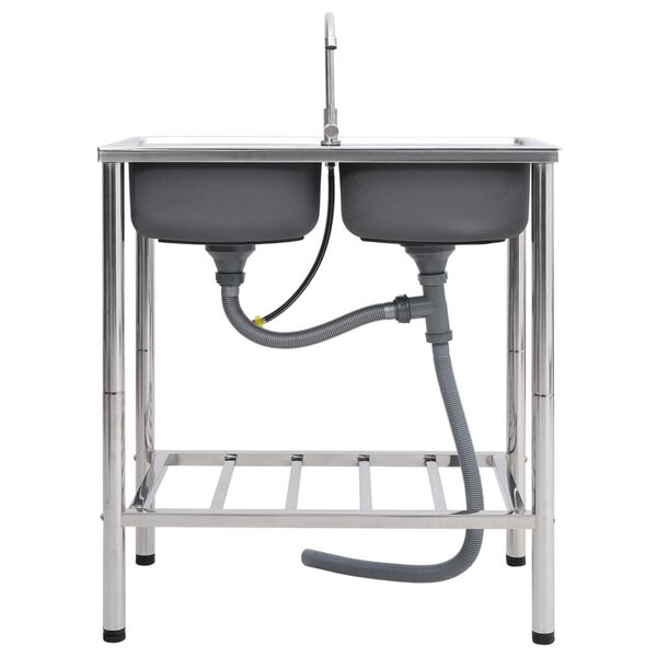 vidaXL &Eacute;vier de camping Double lavabo avec robinet Acier inoxydable