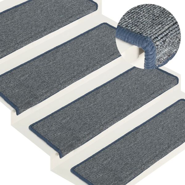 vidaXL Tapis d'escalier 15 pi&egrave;ces 65 x 21 x 4 cm Gris clair et bleu Bord rectangulaire