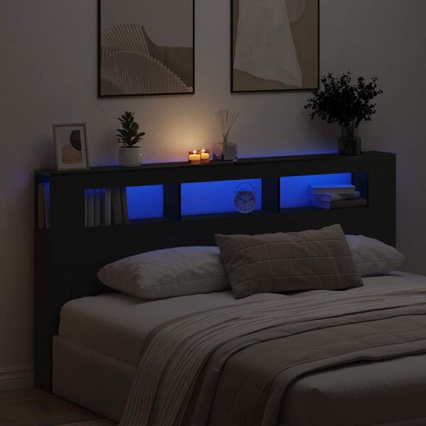 vidaXL T&ecirc;te de lit LED avec &eacute;tag&egrave;re Ch&ecirc;ne noir 200 x 18,5 x 103,5 cm