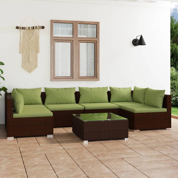 vidaXL Salon de jardin 7 pcs avec coussins R&eacute;sine tress&eacute;e Marron