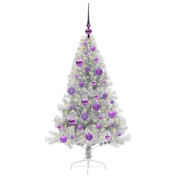 vidaXL Sapin de No&euml;l artificiel pr&eacute;-&eacute;clair&eacute; Argent 120 cm PET