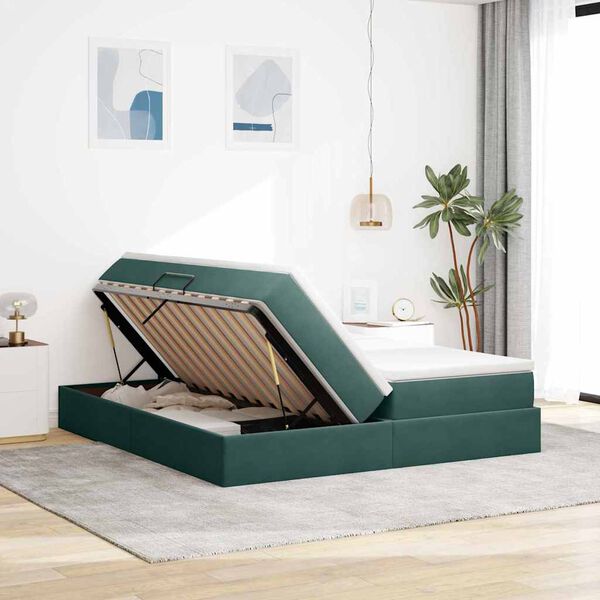 vidaXL Lit avec rangement et matelas Vert fonc&eacute; 200 x 200 cm Velours