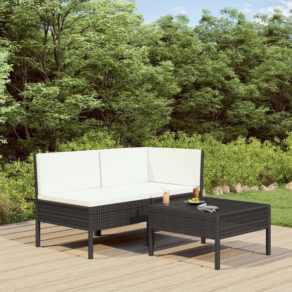 vidaXL Salon de jardin 3 pcs avec coussins Résine tressée Noir