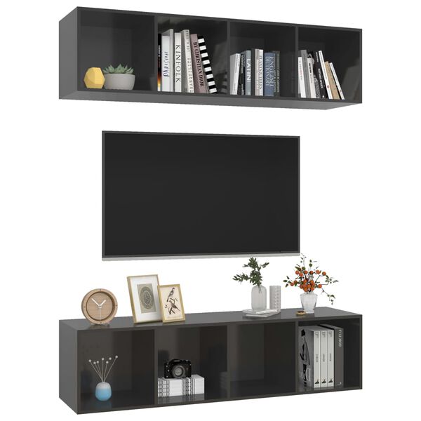 vidaXL Meubles TV muraux 2 pcs Gris brillant Bois d'ing&eacute;nierie