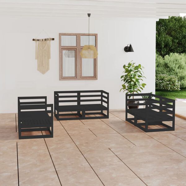 vidaXL Salon de jardin 6 pcs Noir Bois de pin massif