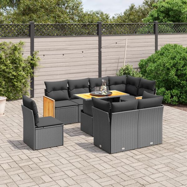 vidaXL Salon de jardin 9 pcs avec coussins noir r&eacute;sine tress&eacute;e