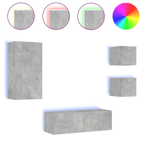 vidaXL Meuble TV muraux 4 pcs avec lumi&egrave;res LED gris b&eacute;ton