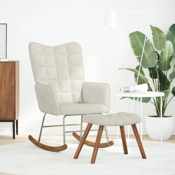 vidaXL Chaise &agrave; bascule avec tabouret en velours cr&egrave;me