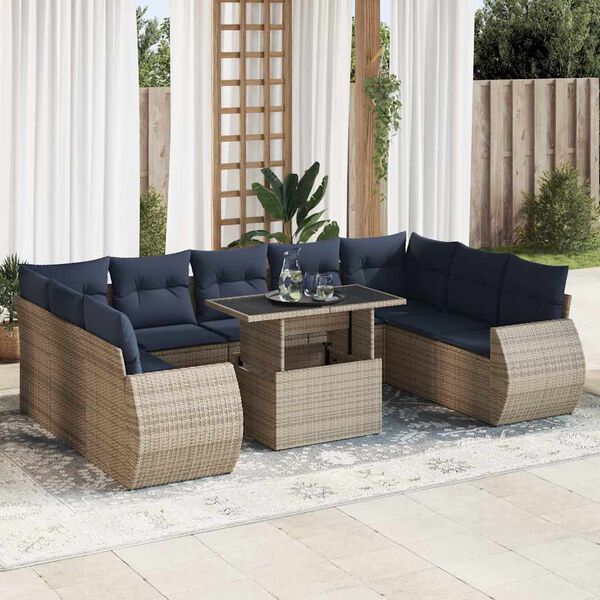 vidaXL Salon de jardin avec coussins 10 pcs gris r&eacute;sine tress&eacute;e acacia