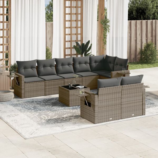 vidaXL Salon de jardin 9 pcs avec coussins gris résine tressée