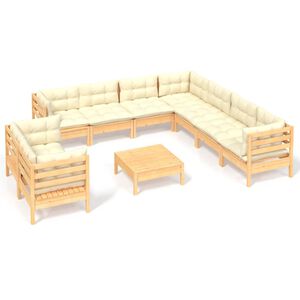 vidaXL Salon de jardin 10 pcs avec coussins cr&egrave;me bois de pin massif