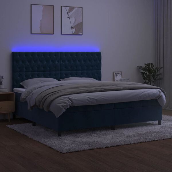 vidaXL Sommier &agrave; lattes de lit matelas et LED Bleu fonc&eacute; 200x200 cm