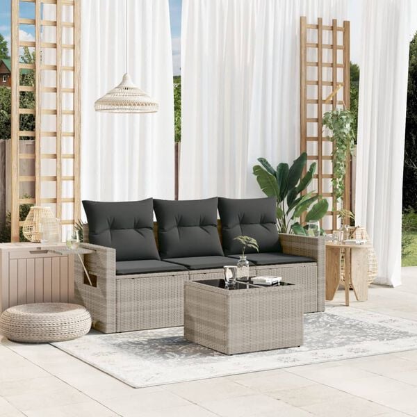 vidaXL Salon de jardin 4 pcs avec coussins gris clair r&eacute;sine tress&eacute;e
