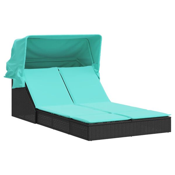 vidaXL Chaise longue double et auvent et coussins noir r&eacute;sine tress&eacute;e