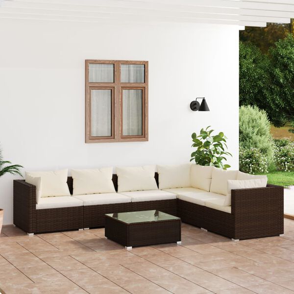 vidaXL Salon de jardin 7 pcs avec coussins R&eacute;sine tress&eacute;e Marron