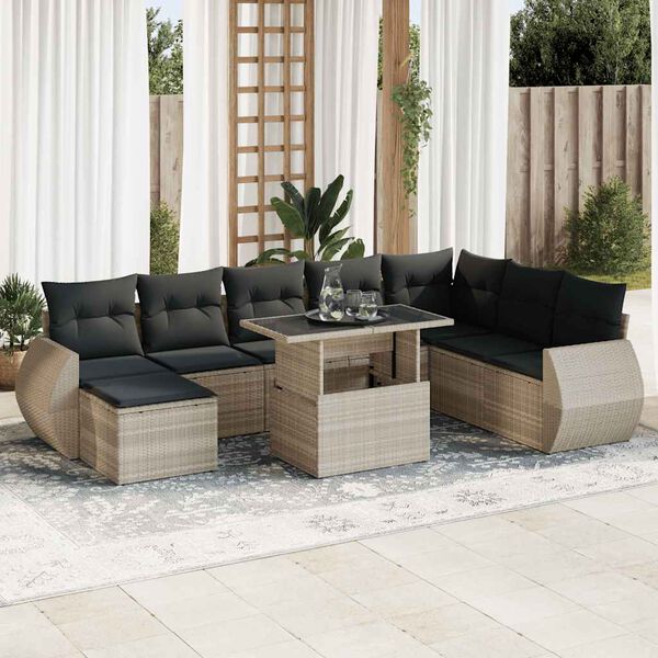 vidaXL Salon de jardin 9 pcs avec coussins gris clair r&eacute;sine tress&eacute;e