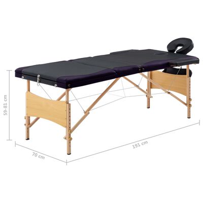 vidaXL Table de massage pliable 3 zones Bois Noir et violet