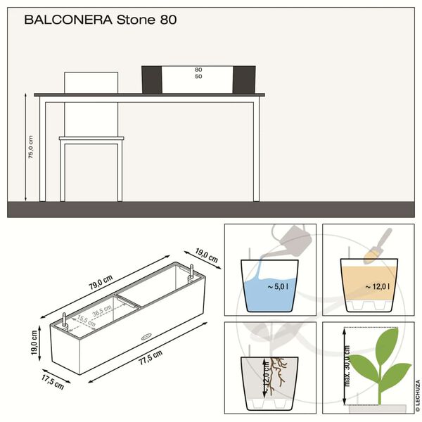 LECHUZA Jardini&egrave;re BALCONERA Stone 80 ALL-IN-ONE Gris