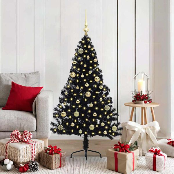 vidaXL Sapin de No&euml;l artificiel pr&eacute;-&eacute;clair&eacute; Noir 150 cm PVC