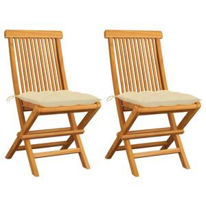 vidaXL Chaises pliantes avec coussins blanc cr&egrave;me, 2 pi&egrave;ces, en bois de teck massif