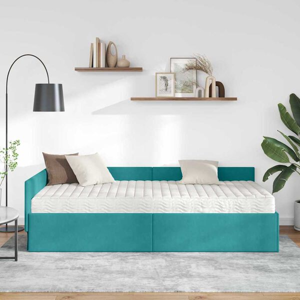 vidaXL Cadre de lit d'angle avec matelas Autre 2 pcs Turquoise Velours