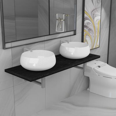 vidaXL Meuble de salle de bain à 3 pcs Céramique Noir