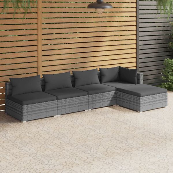 vidaXL Salon de jardin 5 pcs avec coussins R&eacute;sine tress&eacute;e Gris