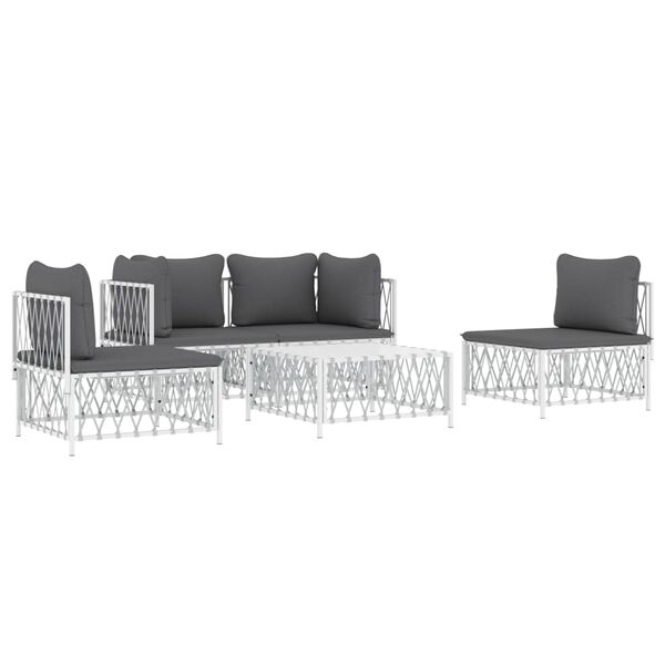 vidaXL Salon de jardin avec coussins 5 pcs blanc acier