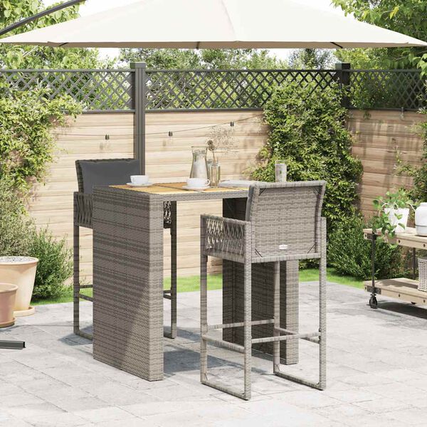 vidaXL Ensemble de bar de jardin 3 pcs et coussins gris résine tressée