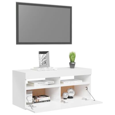 vidaXL Meuble TV avec lumières LED blanc brillant 90x35x40 cm