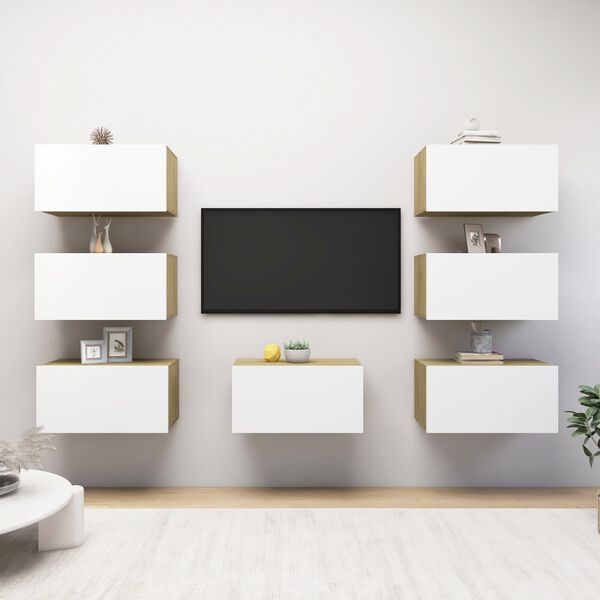 vidaXL Meubles TV 7 pcs blanc et ch&ecirc;ne sonoma bois d'ing&eacute;nierie