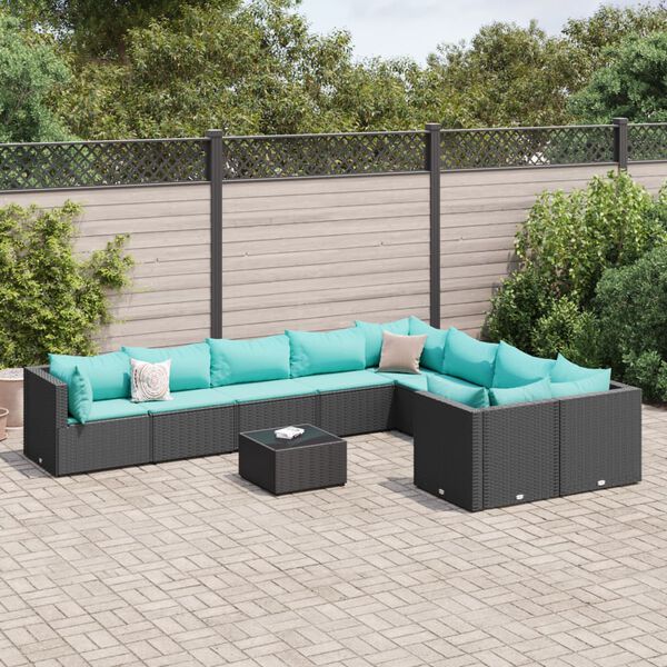 vidaXL Salon de jardin 10 pcs avec coussins noir r&eacute;sine tress&eacute;e