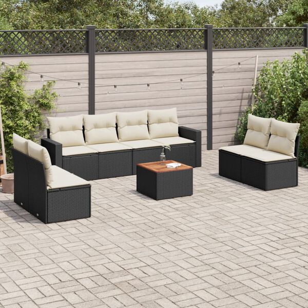vidaXL Salon de jardin 9 pcs avec coussins noir r&eacute;sine tress&eacute;e